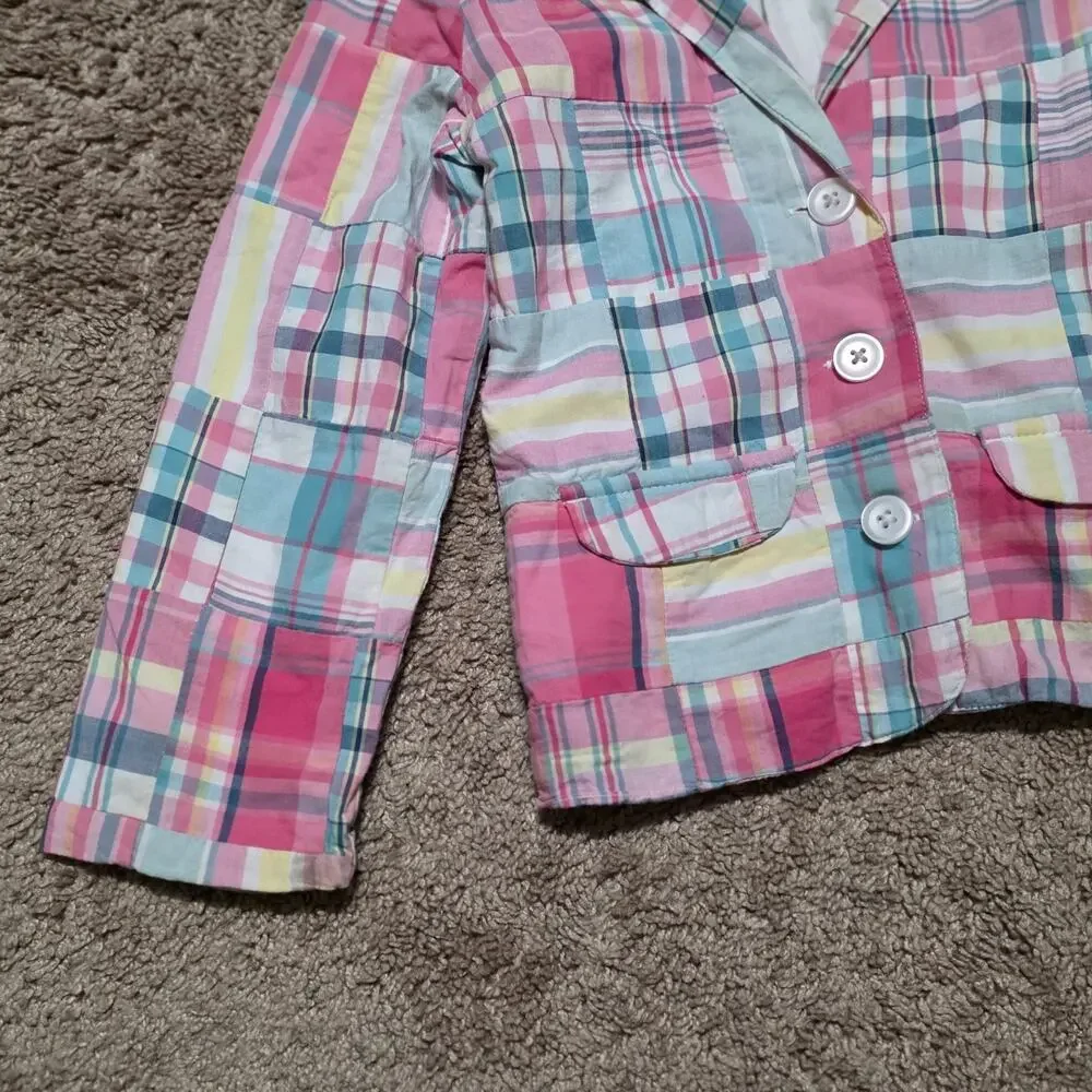 Vtg Janie And Jack Madras Plaid Jacket Girls 6 Pink Blue Pastel Patchwork Spring